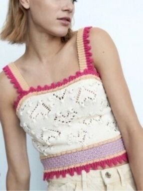 Zara Crochet Knit Tank Top in Cream with Pink & Lavender Trim